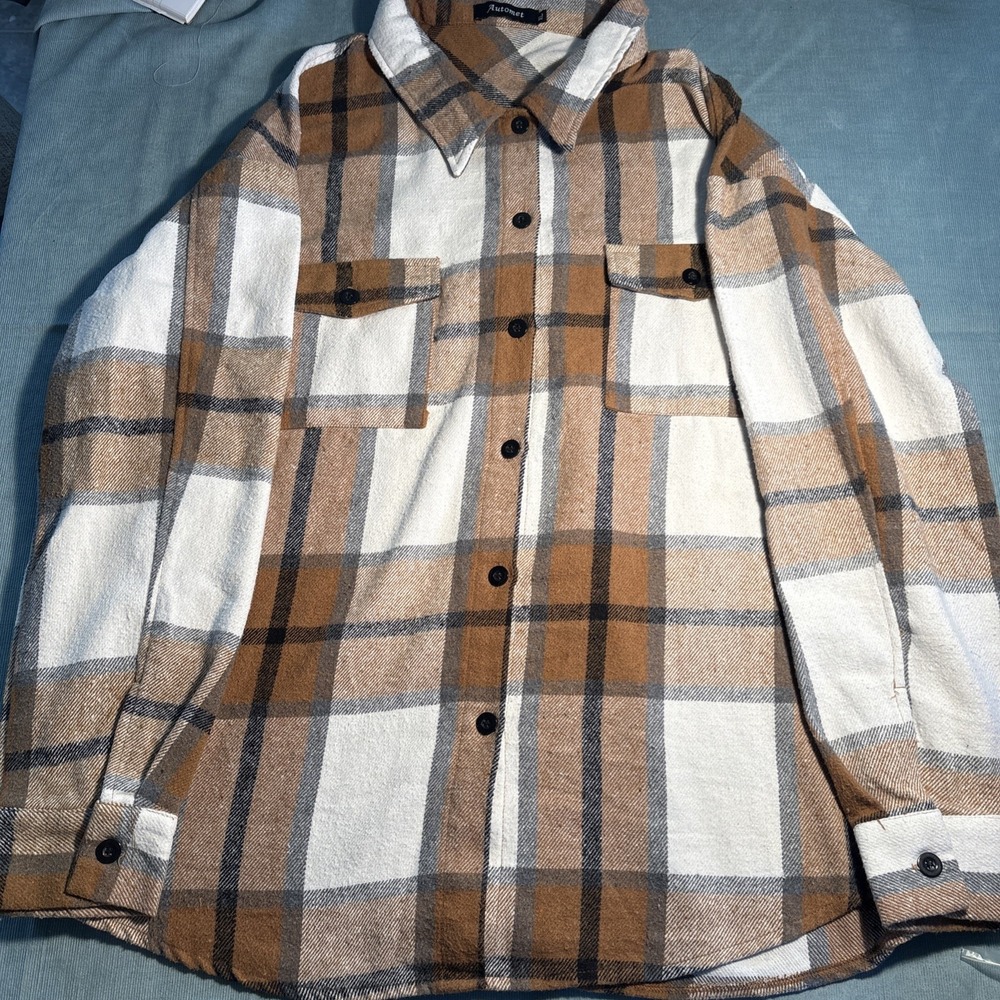 Automet Plaid Flannel Shacket Brown White Black Button Down Shirt Jacket XL